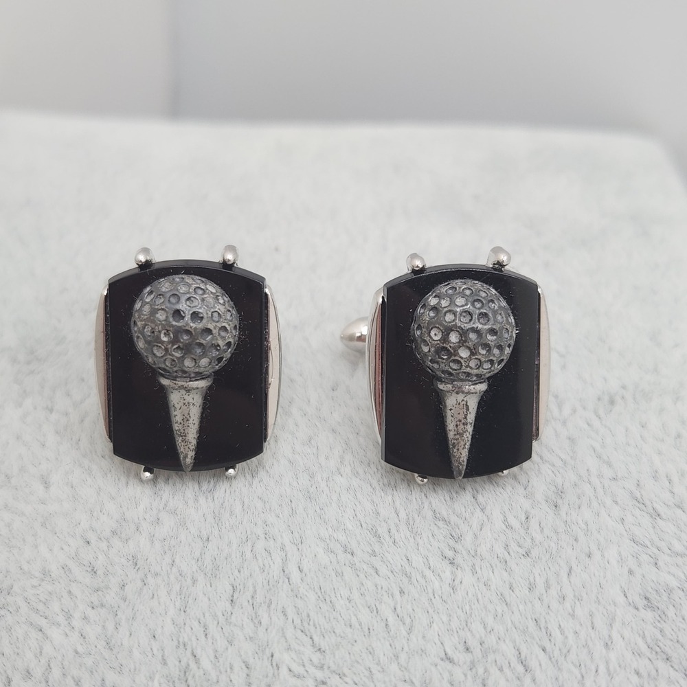 Vintage Swank Golf‎ Ball and Tee Cufflinks Silver Black Art Deco Modernist 1930s